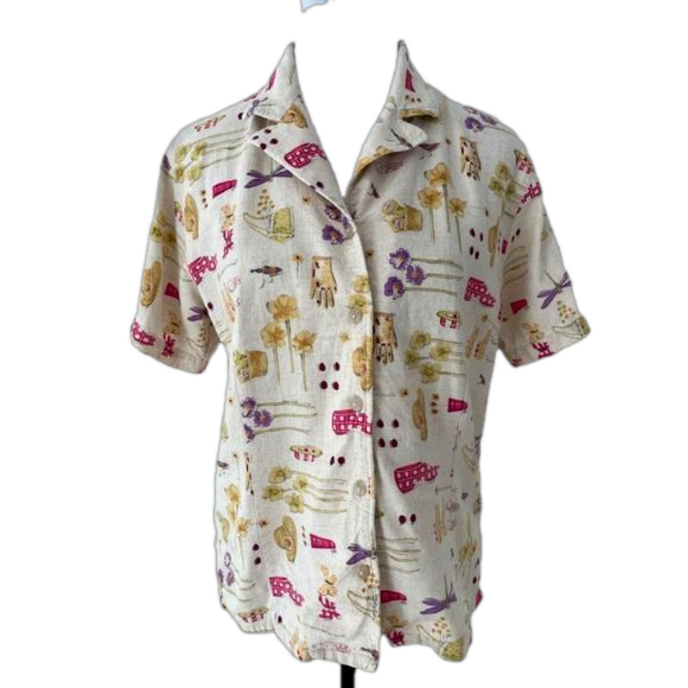 TABI INTERNATIONAL Vintage Linen Blend Button Front Camp Shirt Garden Print 90’s